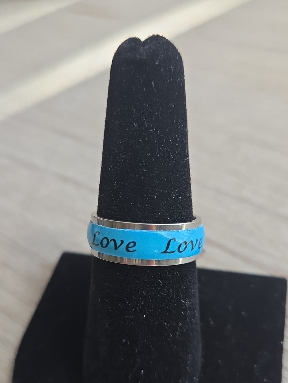 Blue "Love" Stainless Steel Band Ring.Size 7.5.
